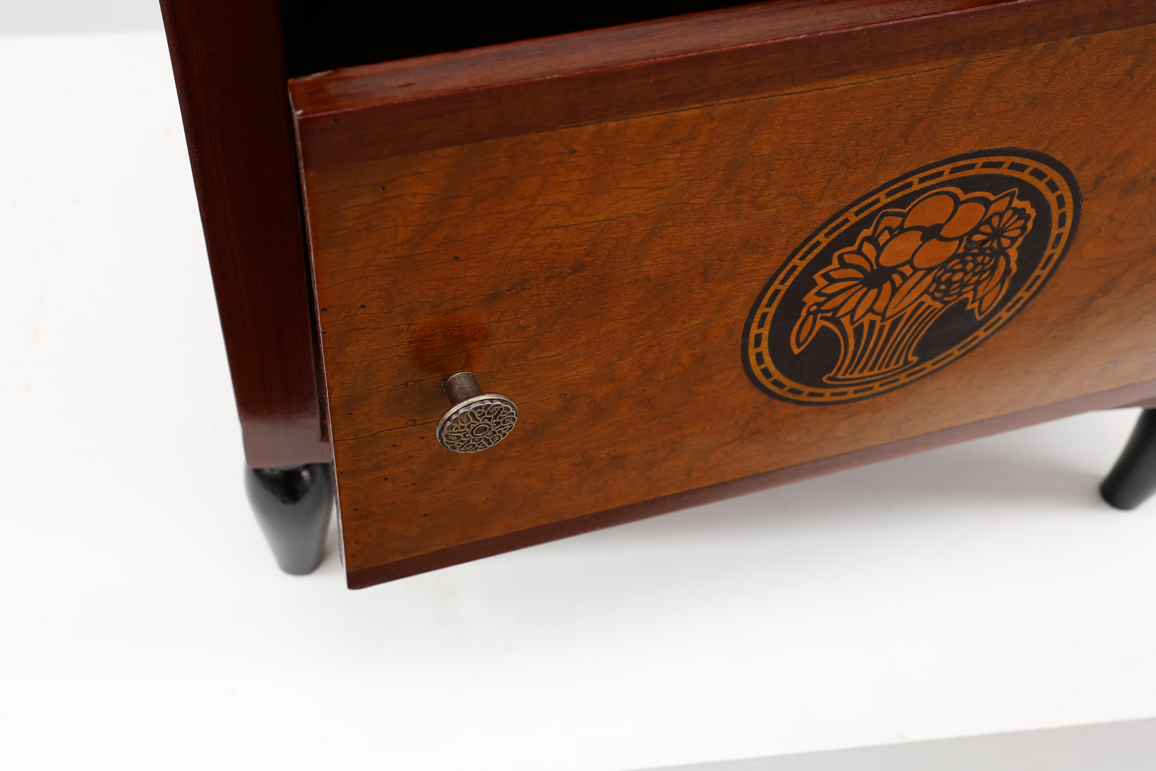 Arched Art Deco side table with storage unit and black marble top, France ca. 1920thumbnail